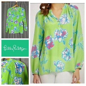 Lilly Pulitzer‎ Womens Silk Smocked Neck Floral Print Long Sleeve Blouse Top S